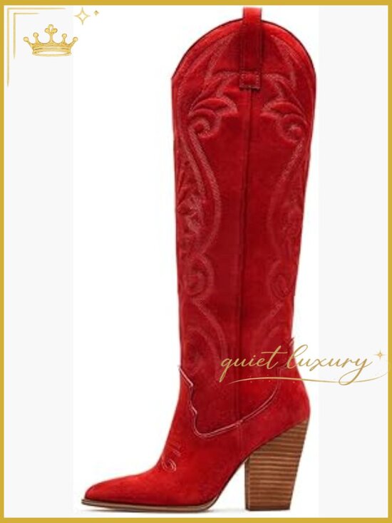 Shoes - Knee High Cowboy Boots Pointed Toe Chunky Heel Pull-on Embroidered Wide Calf